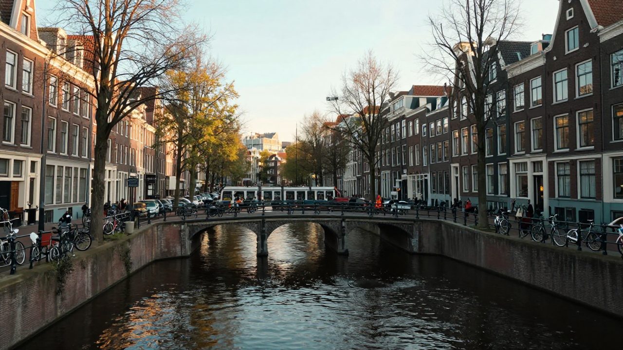 Canals and bridge in Amsterdam at sunset with bicycles and houses.