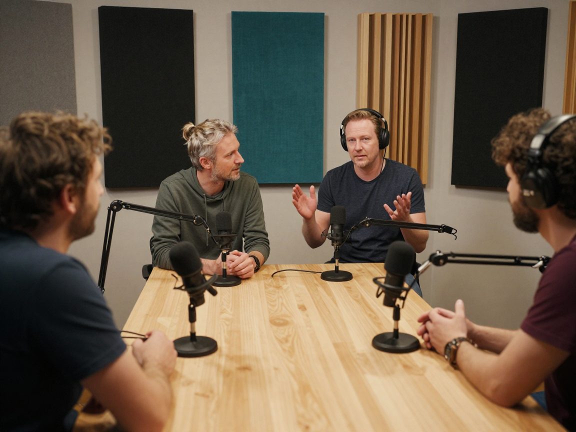 Engineer shows two podcast setups to hosts in treated room.