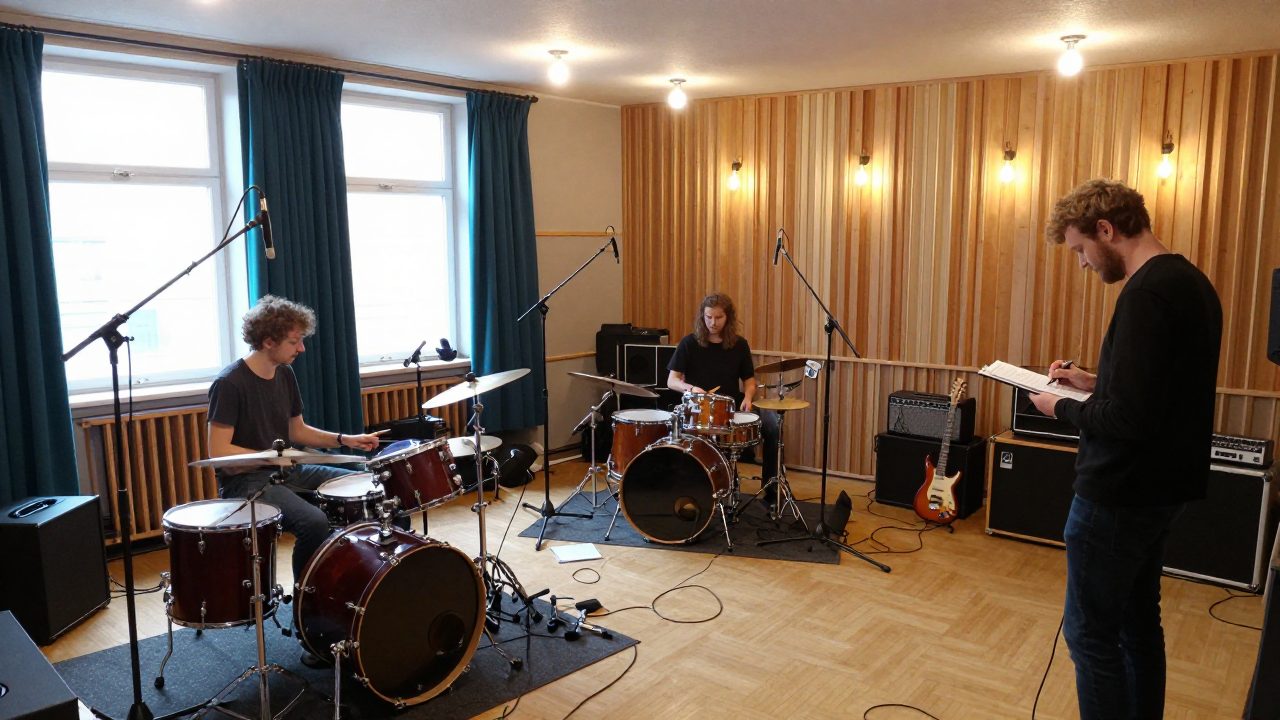 Band speelt live in opnamestudio met drums, gitaren en microfoons opgesteld.