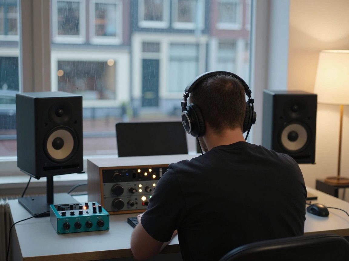 Mastering engineer luistert via headphones naar speakers aan een opgeruimd bureau.