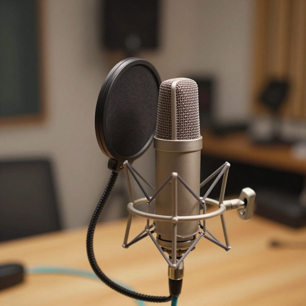 Close-up van studiomicrofoon met popfilter op houten bureau in warm licht.