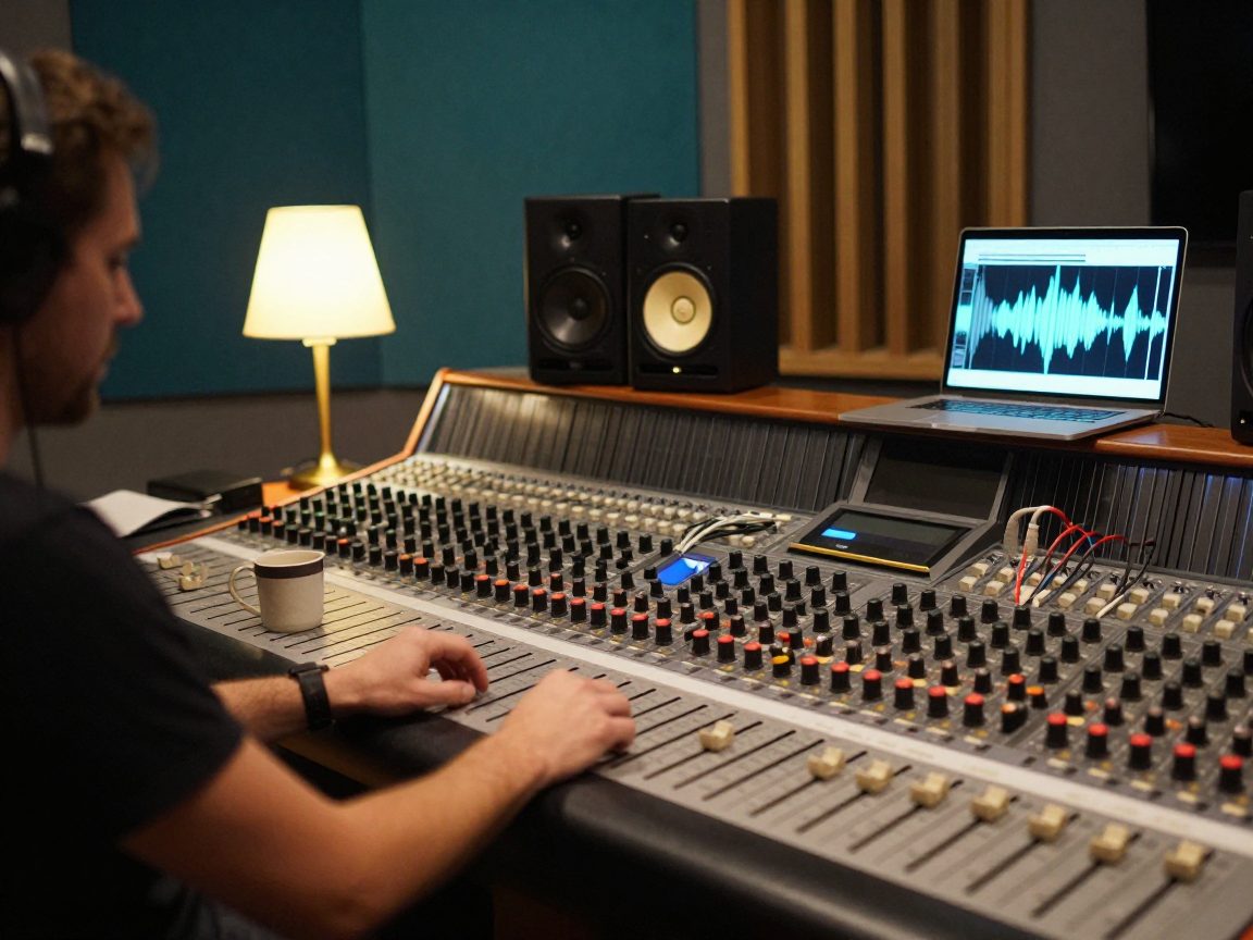 Mix engineer aan console met monitors en laptop in donkere control room.