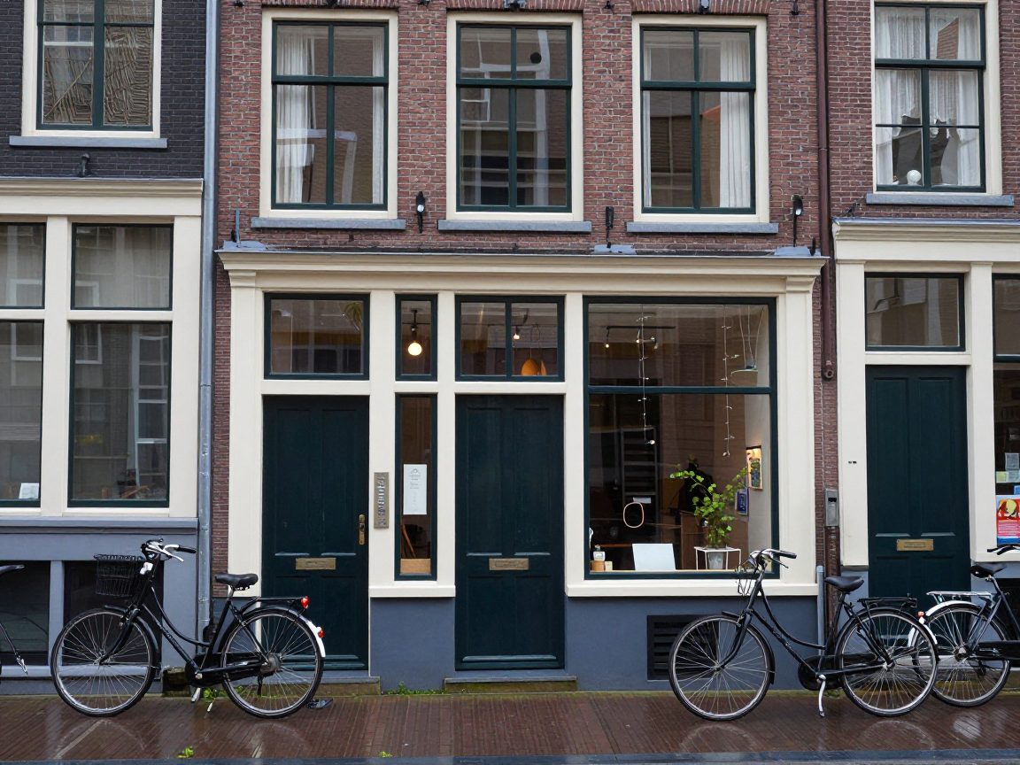 Amsterdamse gevel met studio-ingang, fietsen en natte stoep in ochtendlicht.
