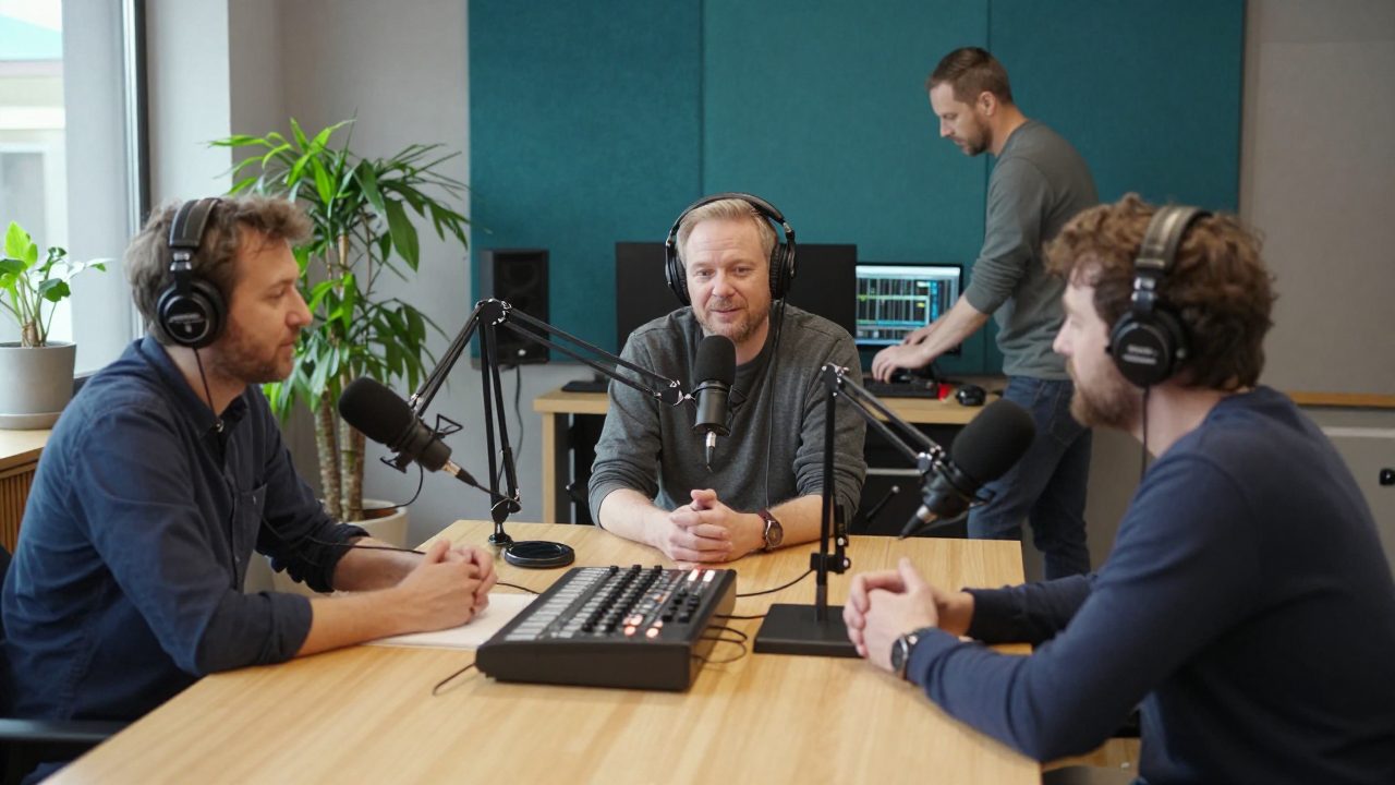 Drie podcasters aan tafel met microfoons en engineer op de achtergrond.