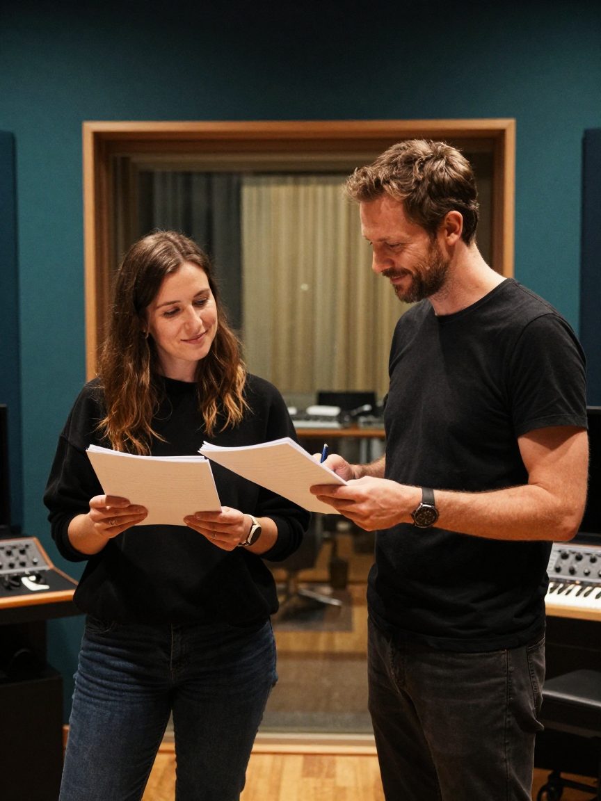 Twee studio medewerkers bespreken sessienotities bij de live room deur.