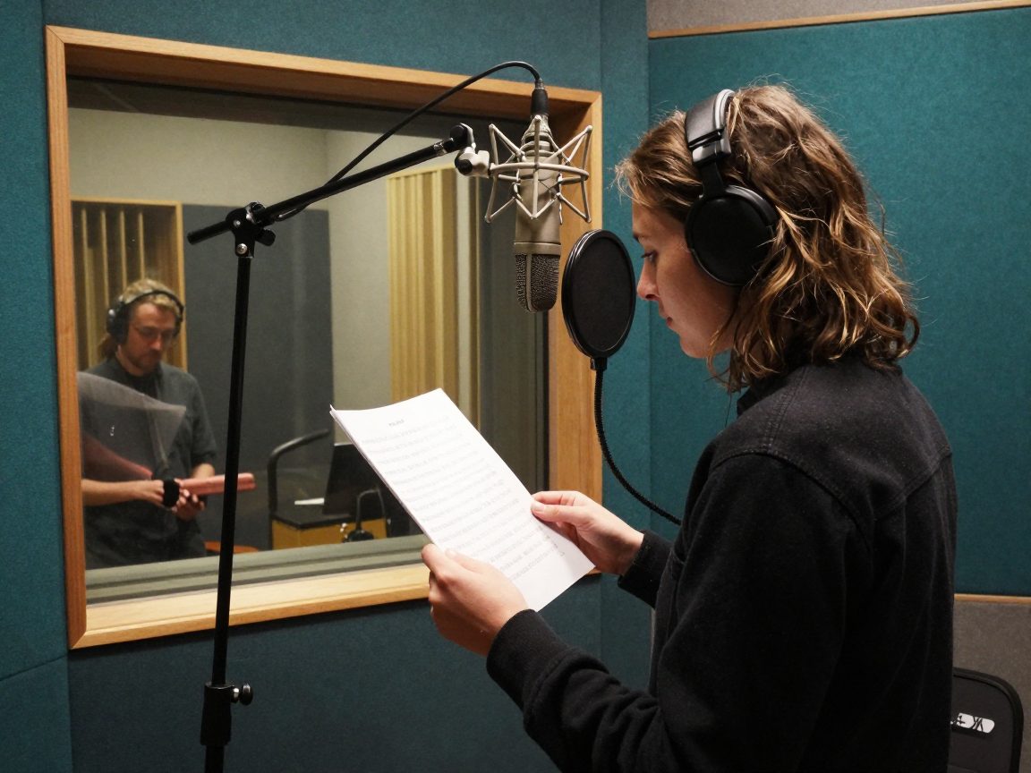 Geïsoleerde vocal booth met zanger, microfoon en engineer achter glas.